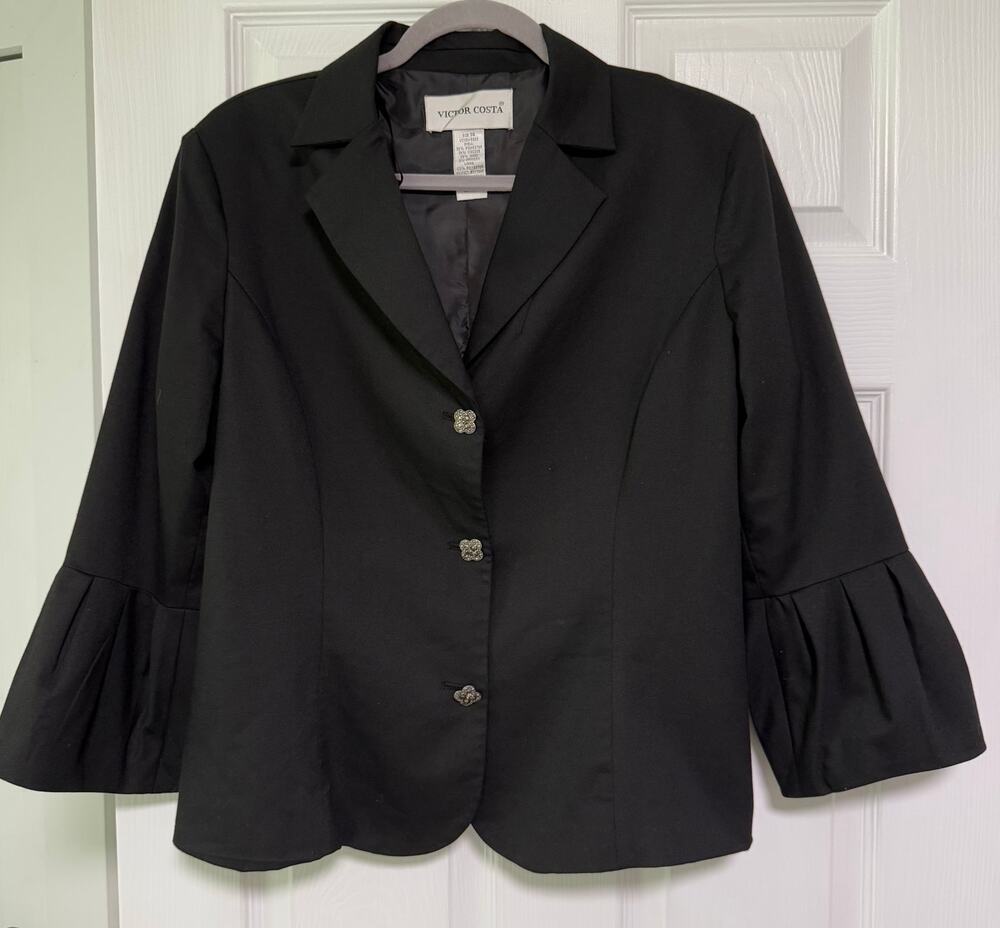 Victor Costa Women's Black Wool Blend Pleated Sleeve Blazer Jacket Size 14